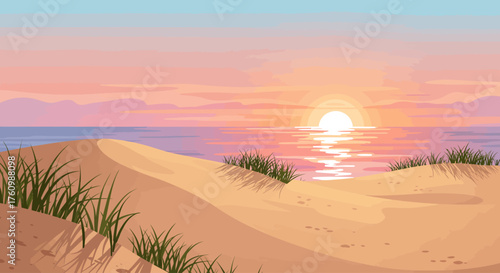 Serene beach scene at sunrise or sunset with gentle light reflecting on calm ocean water, washing over sandy dunes and sparse grass, creating a tranquil and warm coastal atmosphere.