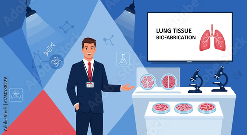 Illustration of a scientist presenting lung tissue biofabrication research results in a lab
