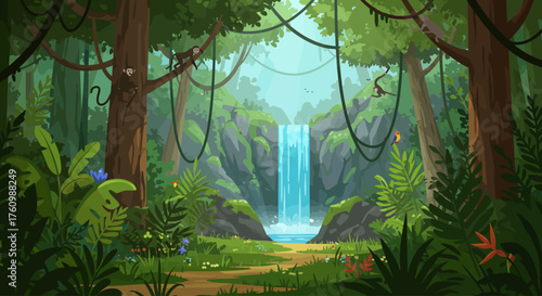 Immersive lush tropical jungle scene with a serene waterfall cascading into a clear pool, surrounded by dense foliage and vines, with playful monkeys, illustrating a vibrant rainforest environment.