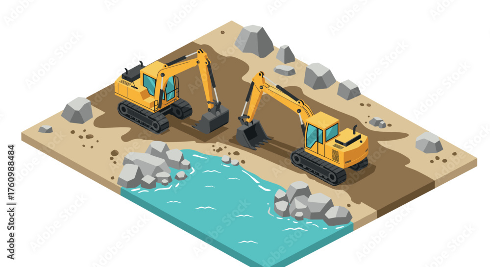 Fototapeta premium Isometric construction site scene with excavators by water