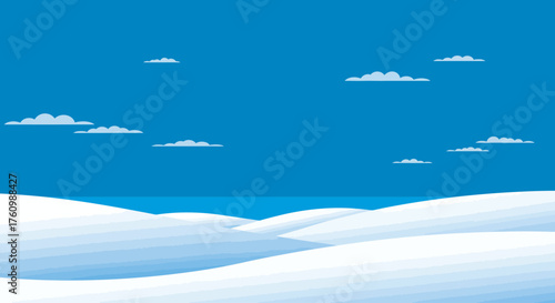 Minimalist winter landscape featuring a clean snow-covered ground under a vast clear blue sky, ideal as a serene and spacious background.
