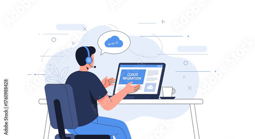 Illustration of a support agent assisting with cloud migration via computer consultation