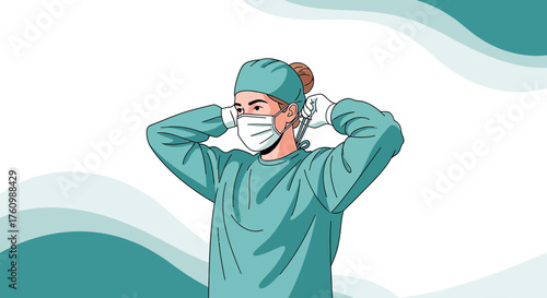 Illustration of a surgeon putting on a surgical mask in preparation for an operation