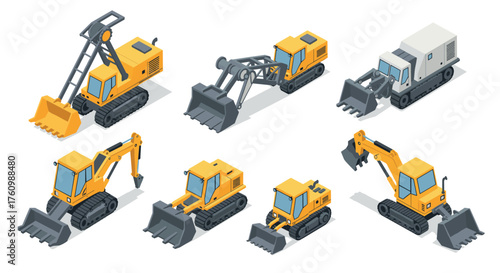 Isometric construction equipment: set of yellow excavators and loaders