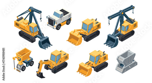 Isometric construction vehicles set featuring cranes, bulldozers, dump trucks