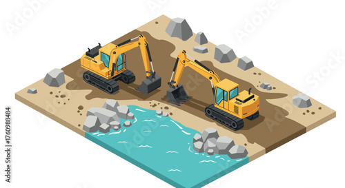 Isometric construction site scene with excavators by water