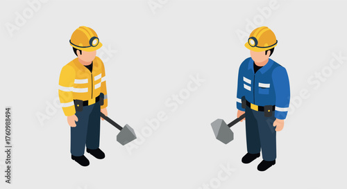 Isometric construction workers with sledgehammers in safety gear