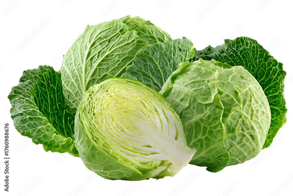 Fototapeta premium Three green cabbages, one whole and two cut in half with the center visible on a transparent background