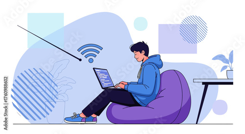 Illustration of a young man working on a laptop in a comfortable home environment