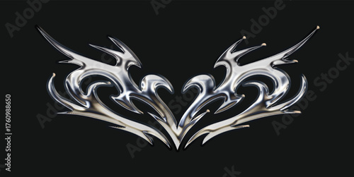 Chrome gothic tribal flame sigil with Y2K aesthetic, liquid mercury shine, cyber metallic abstract tattoo artwork, and futuristic illustration design that highlights reflective chrome effect