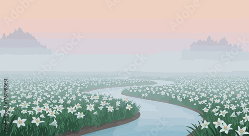 Serene landscape with a winding river flowing through a vast field of white delicate flowers under a soft misty pastel sky, creating a tranquil and dreamy atmosphere.