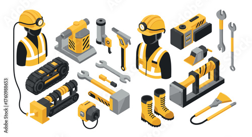 Isometric construction equipment and worker icon set in yellow and gray