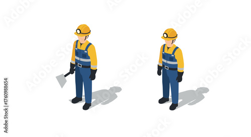 Construction worker isometric design with axe and safety gear