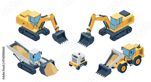Construction equipment set in isometric style with excavators and bulldozers