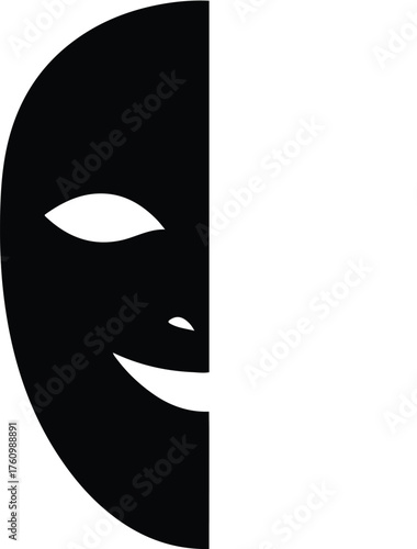 Half face smiling theatrical drama mask, minimalist black and white silhouette vector illustration