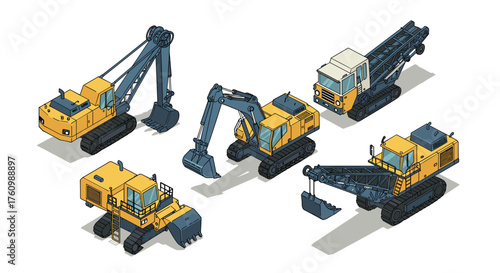 Construction vehicles in isometric style featuring excavators and cranes