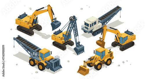 Isometric heavy construction machinery set: excavators, bulldozers, and cranes