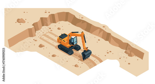 Isometric excavator at construction site in desert terrain