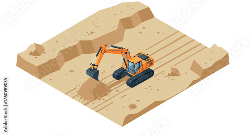 Isometric excavator at construction site on sand terrain with earth mover
