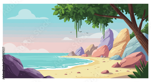 Secluded Tropical Beach with Clear Turquoise Water, Colorful Rocky Coastline, and a Green Tree Under a Calm Blue Sky, an Idyllic Vacation Spot