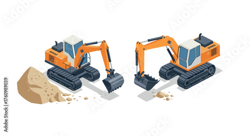 Construction excavators in isometric style with digging equipment and excavation scene