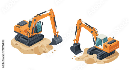 Isometric excavator illustration with dual views for construction design