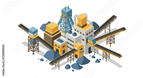 Modern isometric industrial mining facility with conveyor belts and structures