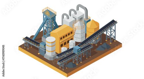 Isometric industrial factory model with conveyor system and storage silos
