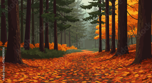 Serene Forest Path Covered in Vibrant Orange Autumn Leaves Winding Through Tall Majestic Trees, Depicting a Peaceful Seasonal Landscape