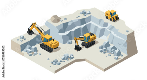 Construction site scene with excavators and bulldozer in quarry isometric style