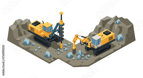 Isometric construction equipment on rocky terrain for industrial projects