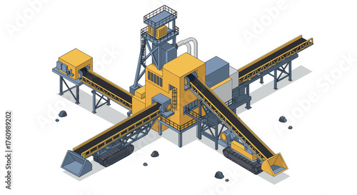 Isometric industrial factory conveyor system with heavy machinery