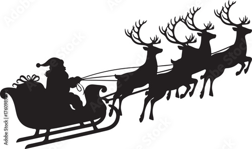 Santa claus silhouette flying in sleigh pulled by reindeer festive christmas night scene
