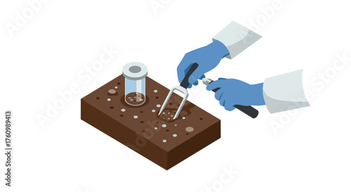 Isometric soil testing with lab equipment and gloved hands on white background