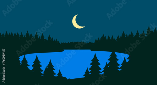 Moonlit Night Over Calm Lake Surrounded by Dark Pine Forest with Crescent Moon Reflection