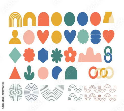 Vector art of collection of assorted geometric shapes and abstract forms in muted colors, creating a balanced and aesthetically pleasing composition for design projects