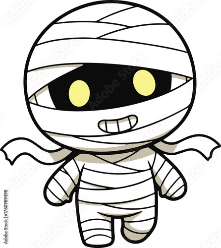 Small happy cartoon mummy wrapped in bandages, chibi kawaii halloween mascot vector illustration
