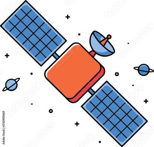 Communications satellite floating in outer space, fun bold outline flat vector illustration