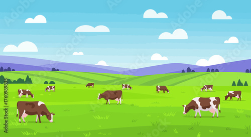Peaceful rural landscape featuring cows grazing in a vibrant green pasture with rolling hills and fluffy clouds in the sky, depicting a pastoral farm scene.