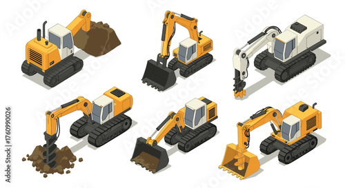 Isometric construction machinery collection: excavators and bulldozers in various angles