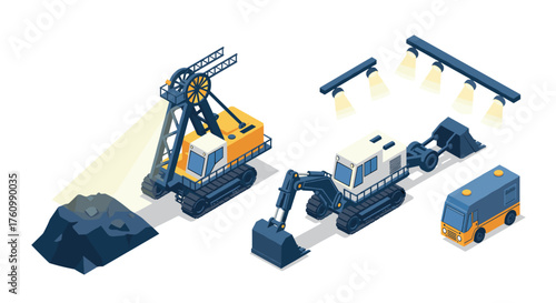 Isometric construction site with industrial vehicles and equipment in action