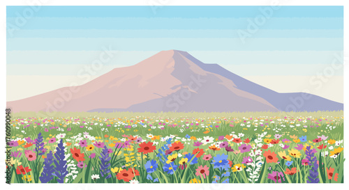 Vibrant meadow of colorful wildflowers in full bloom at the base of a majestic mountain, creating a beautiful and serene natural landscape.