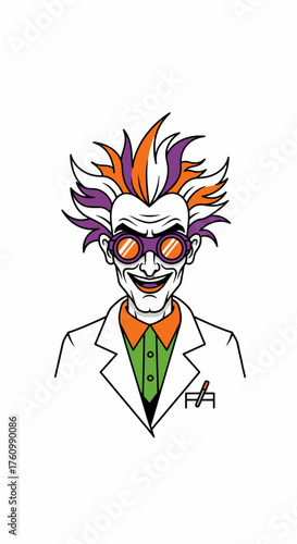 Cartoon Mad Scientist with Wild Hair and Goggles Illustration.