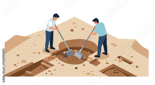 Isometric archaeologists excavating ancient site with shovels in desert landscape