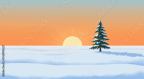 Tranquil Winter Landscape with a Lone Pine Tree in Snow During a Serene Sunset.