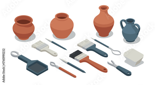 Isometric art supplies and clay vases on white background