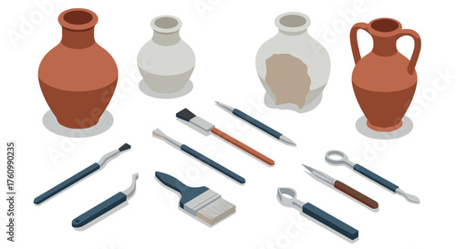 Isometric ancient pottery and restoration tools set for creative projects