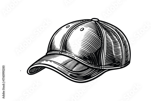 Elegant black-and-white line-drawn baseball cap illustration featuring mesh back and curved brim, exuding classic sportswear style for branding or editorial use.