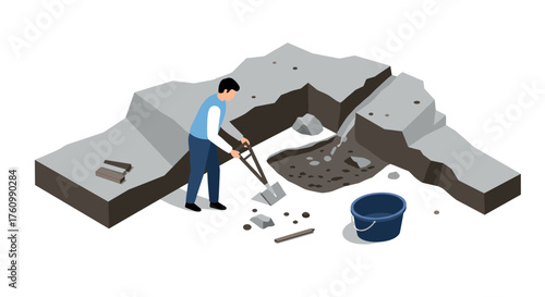 Isometric archaeologist digging in excavation site with tools and rocks