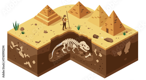 Isometric archaeological dig site with pyramids and dinosaur fossil discovery